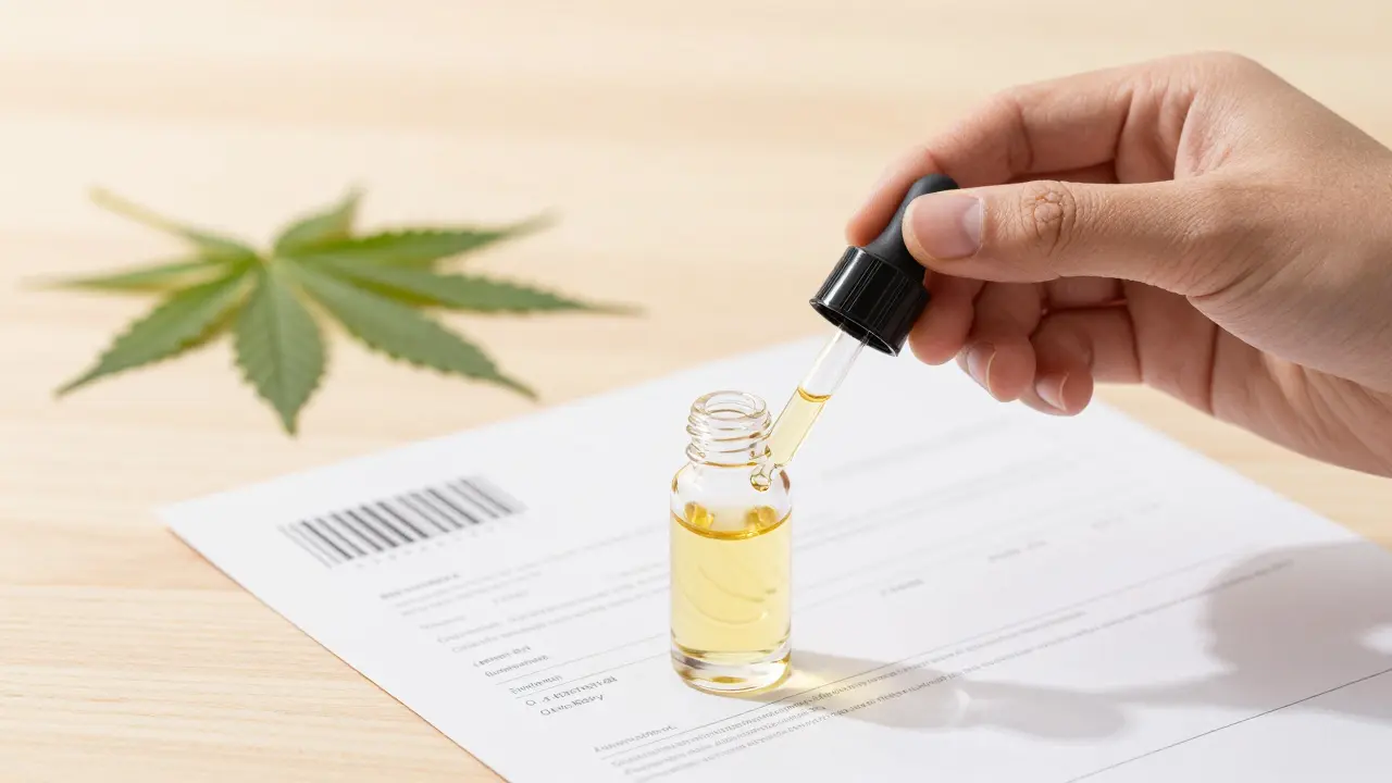 Láhev s olejem a certifikát analýzy symbolizující bezpečnost produktu.