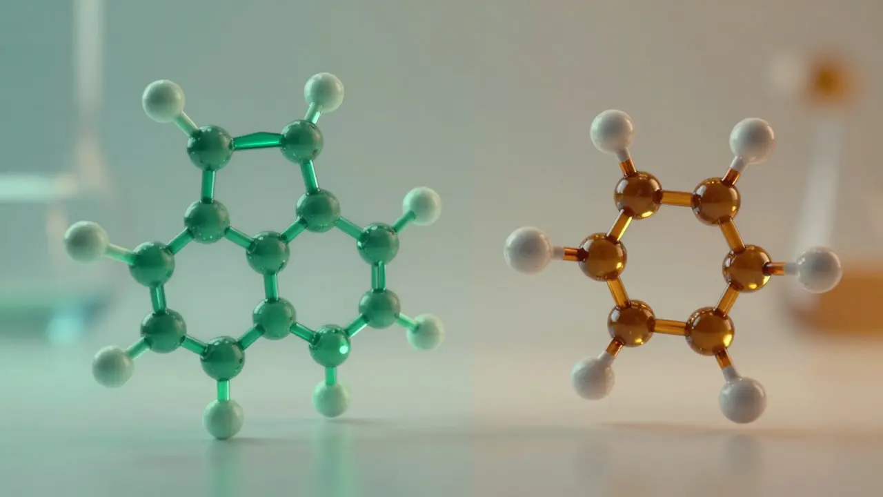 Makrofotografie zobrazující molekulární rozdíl mezi CBD a THC strukturami.