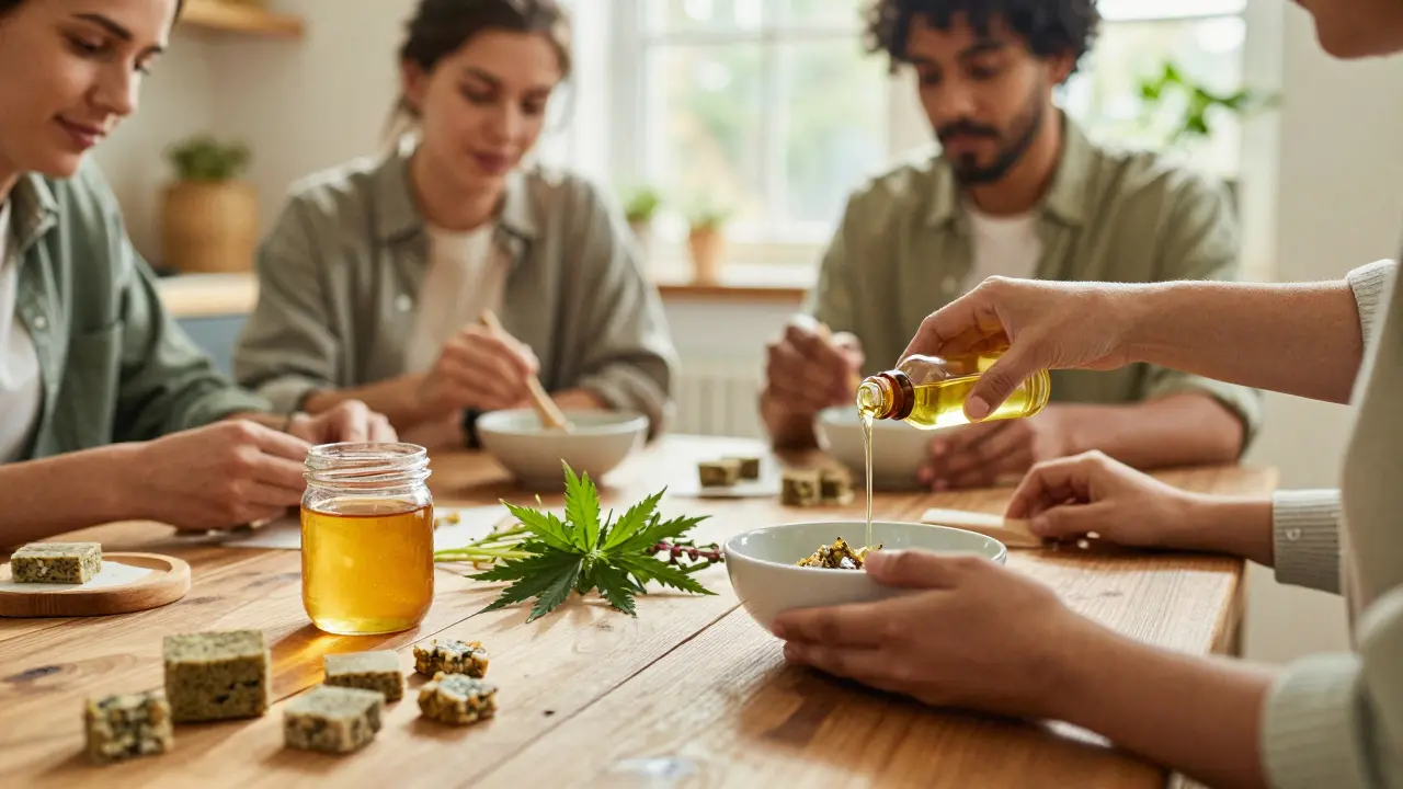 Příprava konopných edibles na dřevěném stole v kuchyni