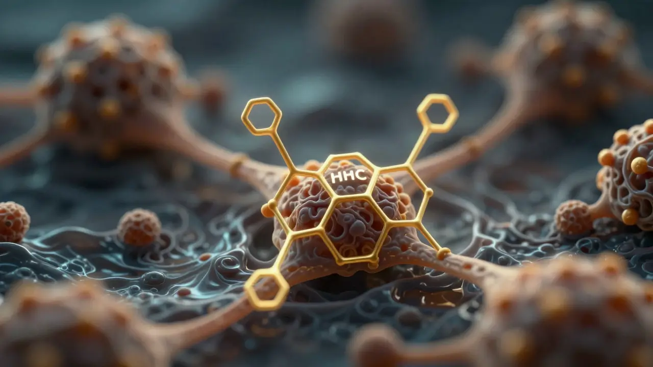 Abstract golden molecules binding to brain receptors in a dark neural environment