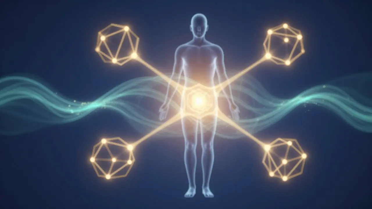 Abstraktní ilustrace lidské postavy s žhavícími zlatými energetickými liniemi symbolizujícími rovnováhu těla.