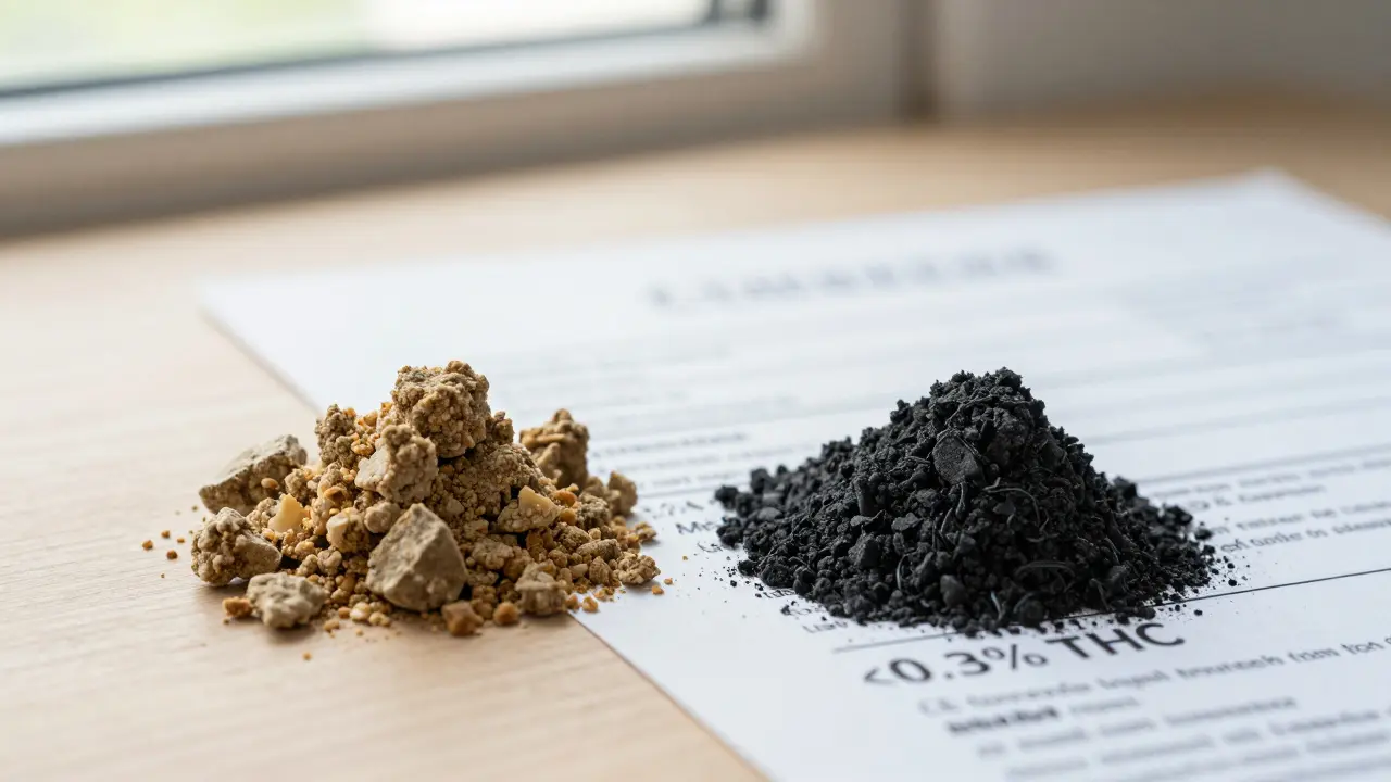 Detailní záběr CBD a THC hashiše vedle laboratorního protokolu pro ověření legálnosti.