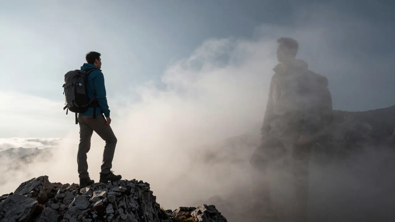 Hiker experiencing brain fog vs clarity on a mountain ridge at sunrise