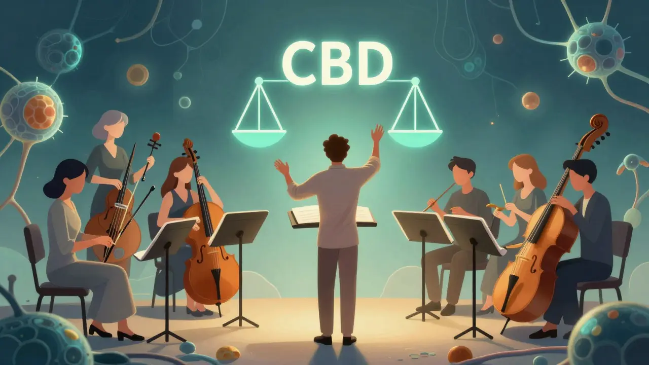Ilustrace dirigenta řídícího biologickou rovnováhu těla jako orchestr