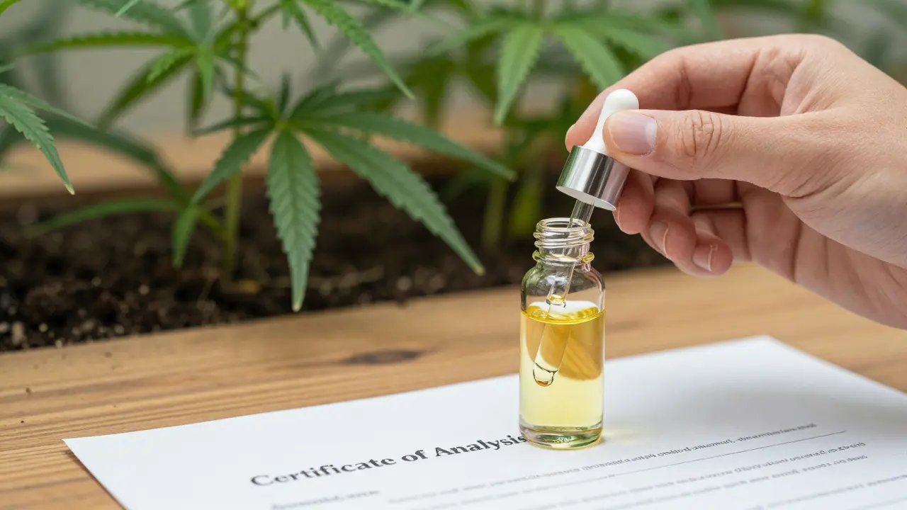 Lahvička s olejem a certifikát analýzy pro ověření kvality produktu