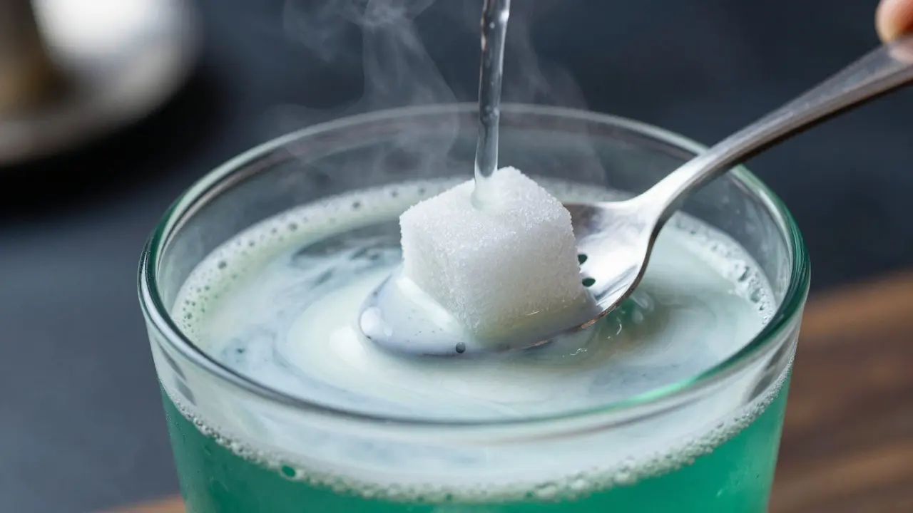 Příprava absintu: voda se vlévá přes cukr, nápoj zakaluje