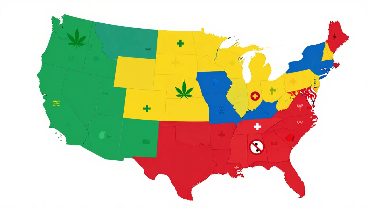 Stylizovaná mapa USA rozdělená na barevné zóny podle legality hashiše v jednotlivých státech.