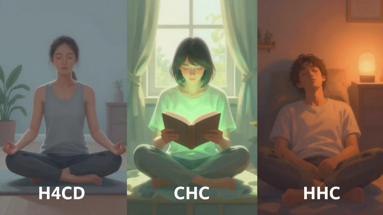 Tři scény ukazující různé účinky CBD, HHC a H4CBD na člověka