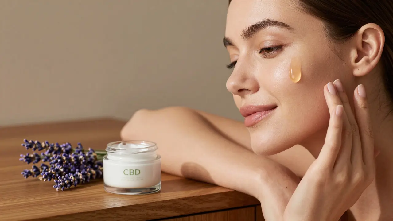 Žena aplikující sérum s CBD na pleť v klidné atmosféře