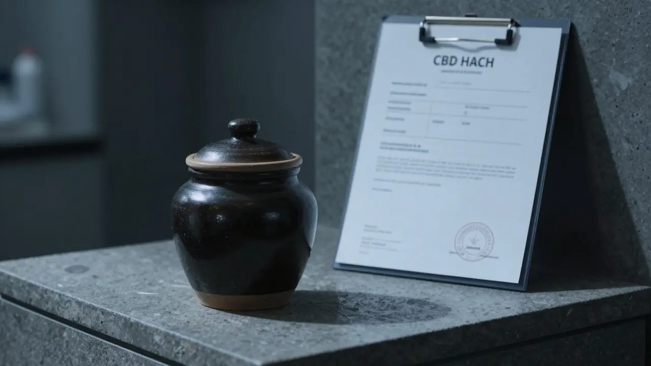 CBD haš uložený v tmavé nádobě vedle laboratorního certifikátu kvality