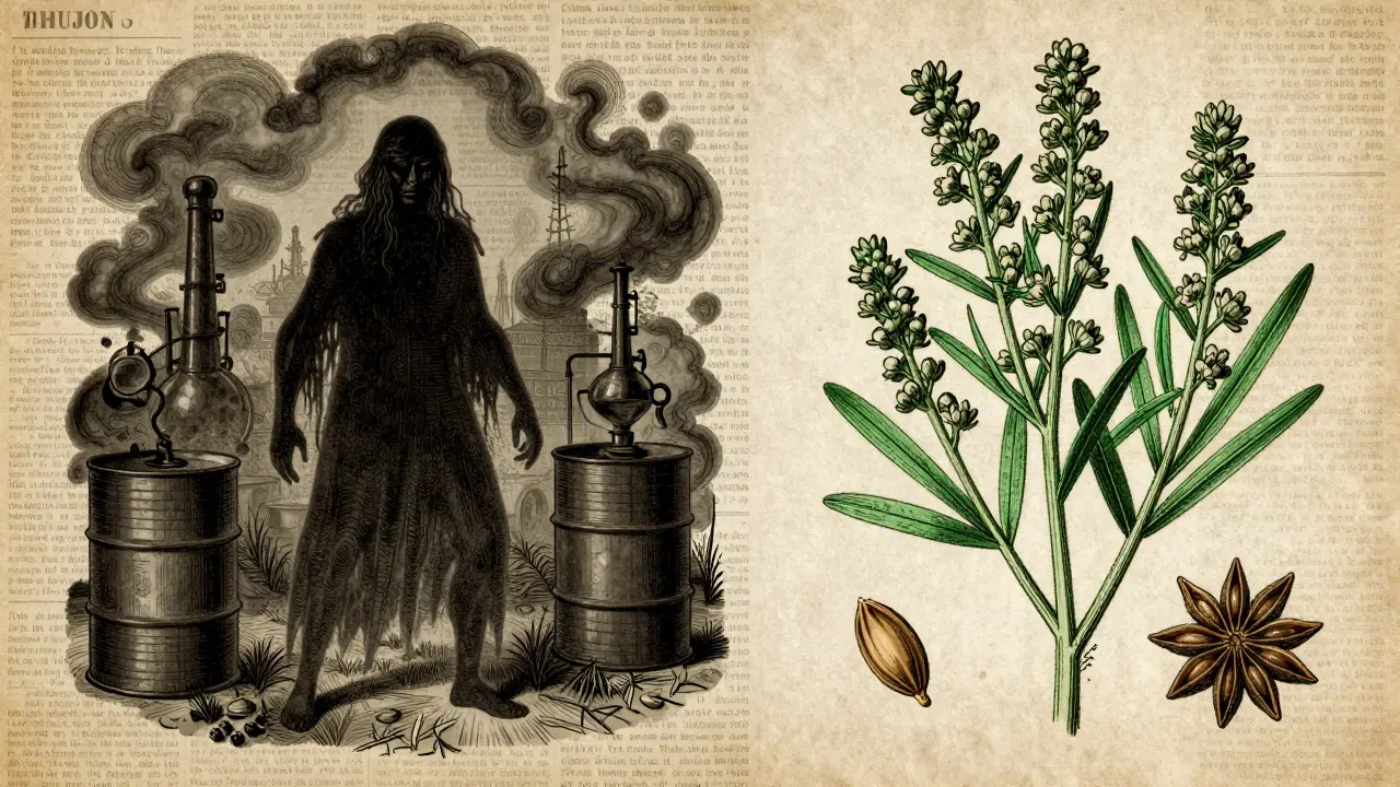 Konceptuální umění zobrazující mýty o šílenství z absintu a botanický kopřiv luční.