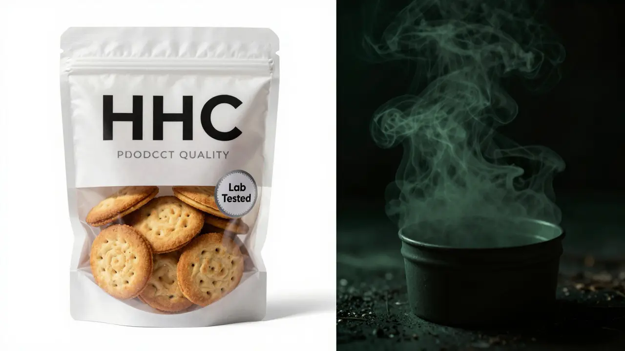 Kvalitní balení HHC produktů vedle nebezpečných nekvalitních alternativ