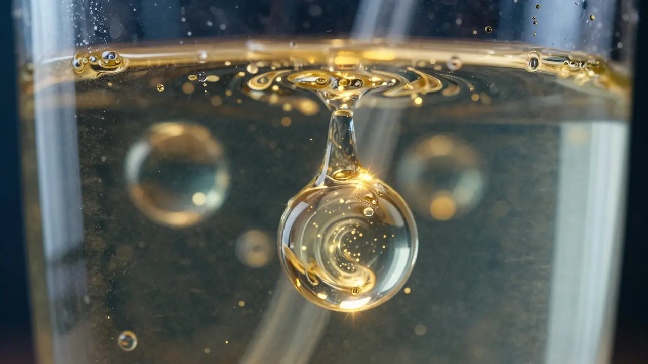 Makro záběr nanotechnologie CBD rozpouštějící se ve vodě
