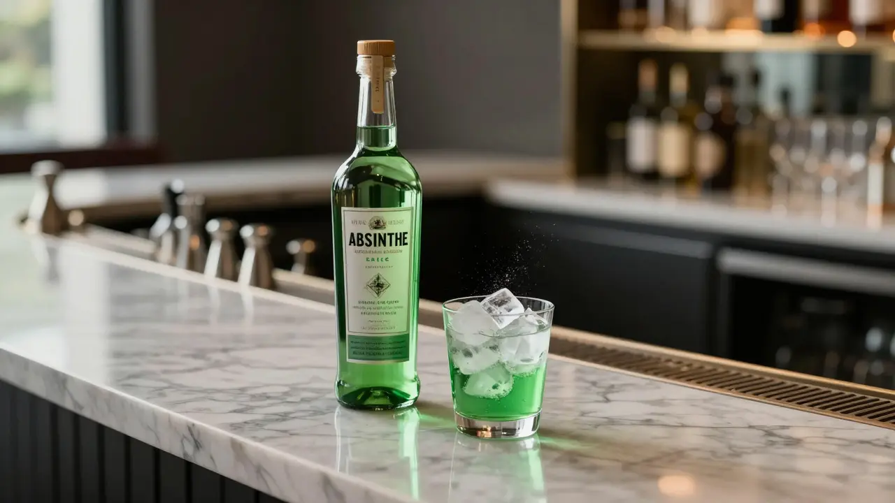 Moderní prémiová láhev absintu a sklenice s mléčným efektem na luxusním baru.