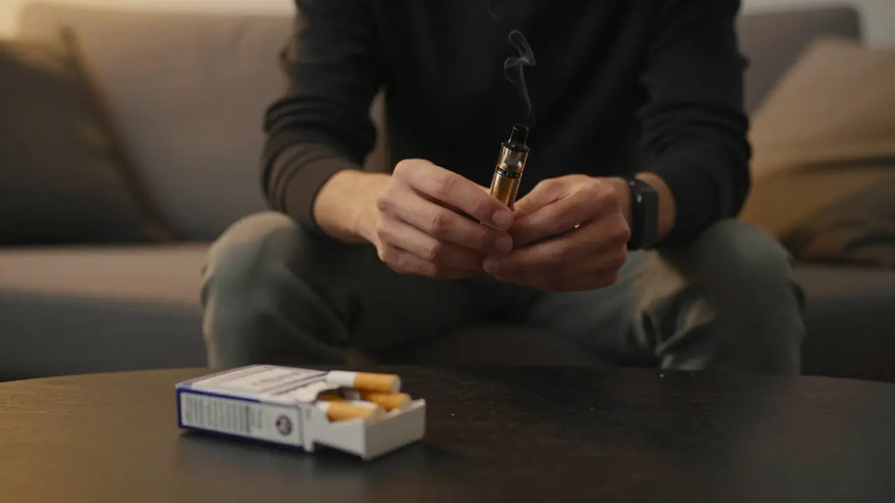Osoba s vapem vedle prázdného balíčku cigaret
