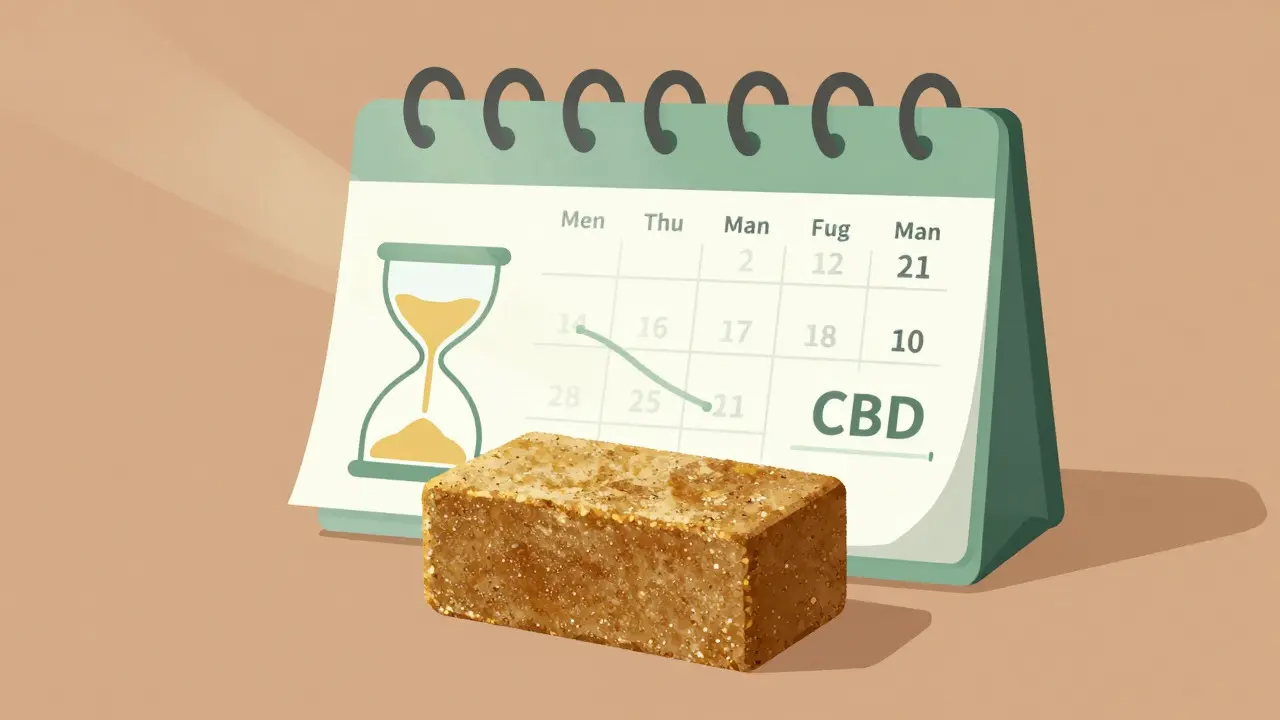 Umělecká ilustrace CBD haše s kalendářem ukazujícím dlouhou výdrž zásoby