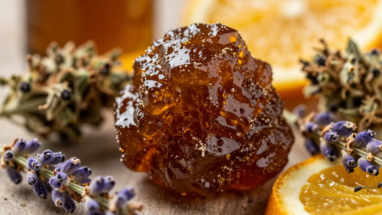 Záběr na CBD hash s bylinkami a citrusy