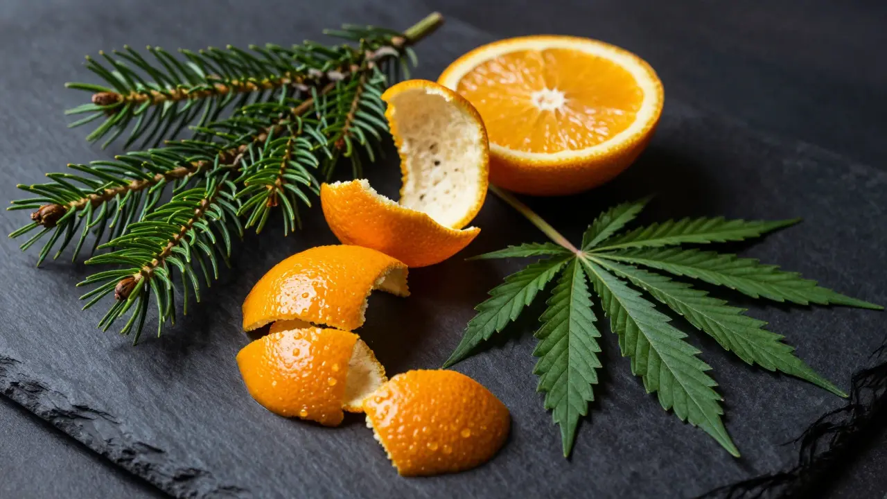 Borovice, citrusy a konopí ilustrující vliv terpénů na energii a relaxaci.