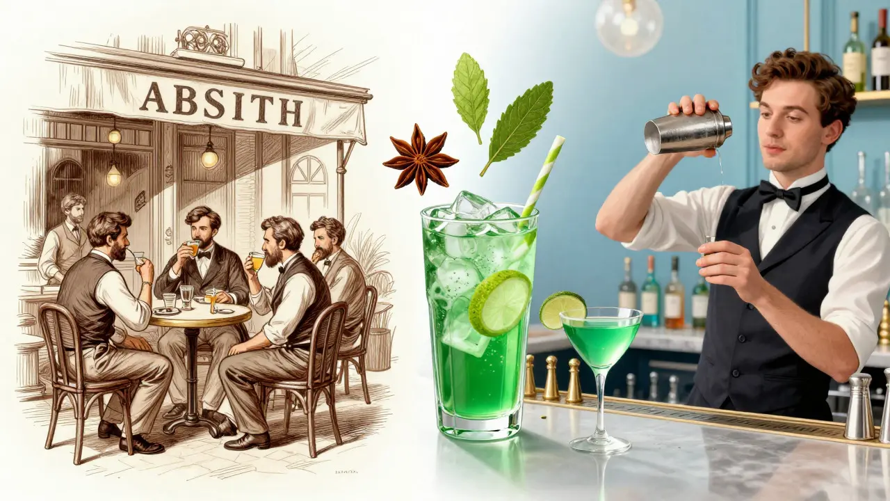 Kontrast mezi historickým a moderním vnímáním absinthu v ilustraci