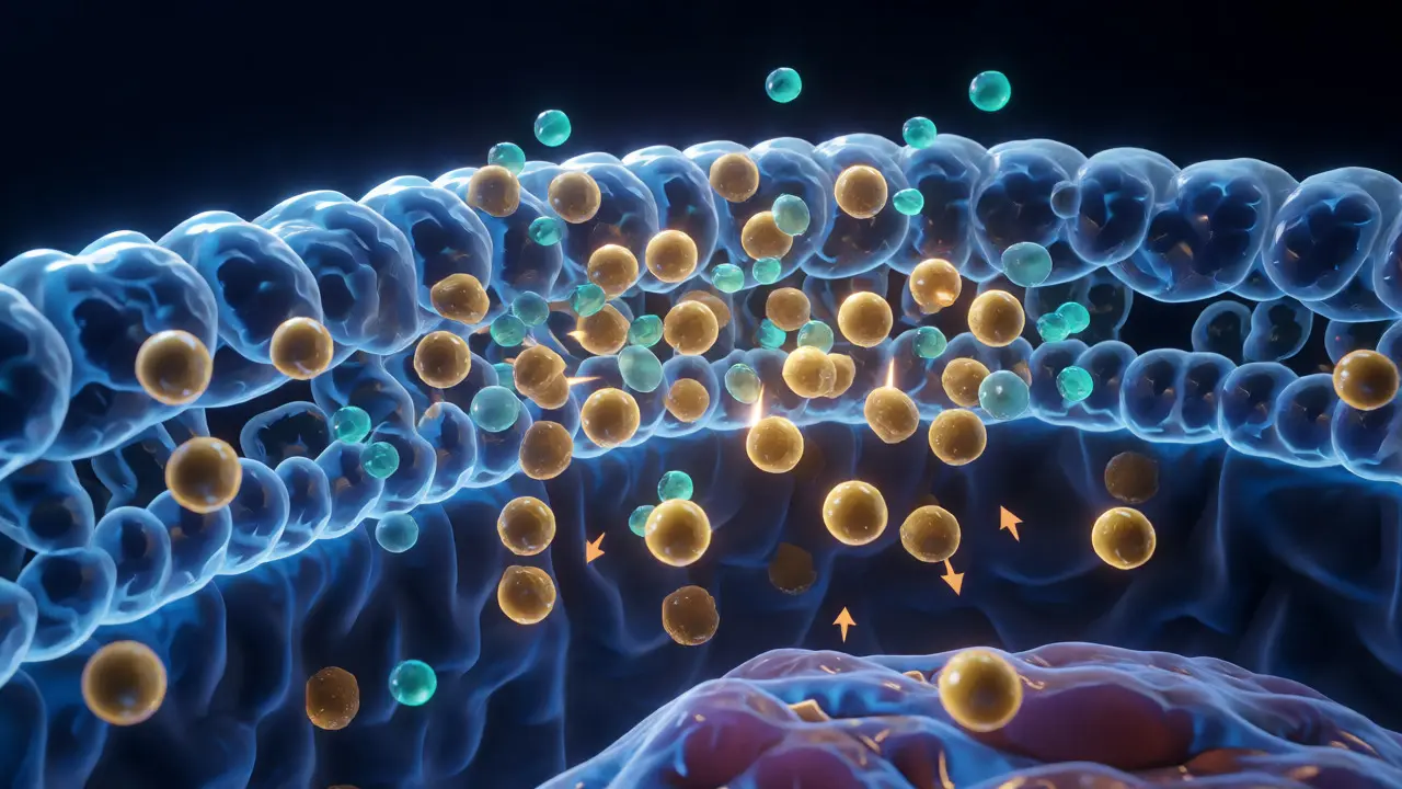3D vizualizace průniku molekul H4CBD hematoencefalickou bariérou díky myrcenu.