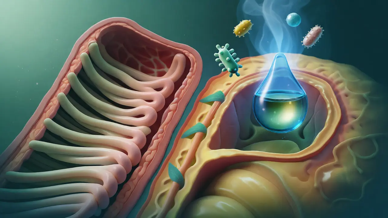 Illustration of CBD calming intestinal inflammation and aiding probiotics