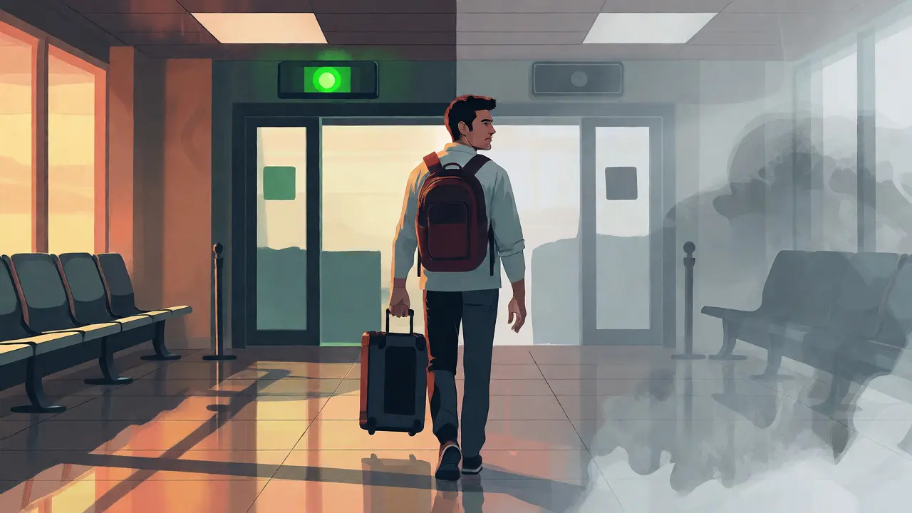 Konceptuální ilustrace cestovatele mezi jistotou a nejistotou na letišti