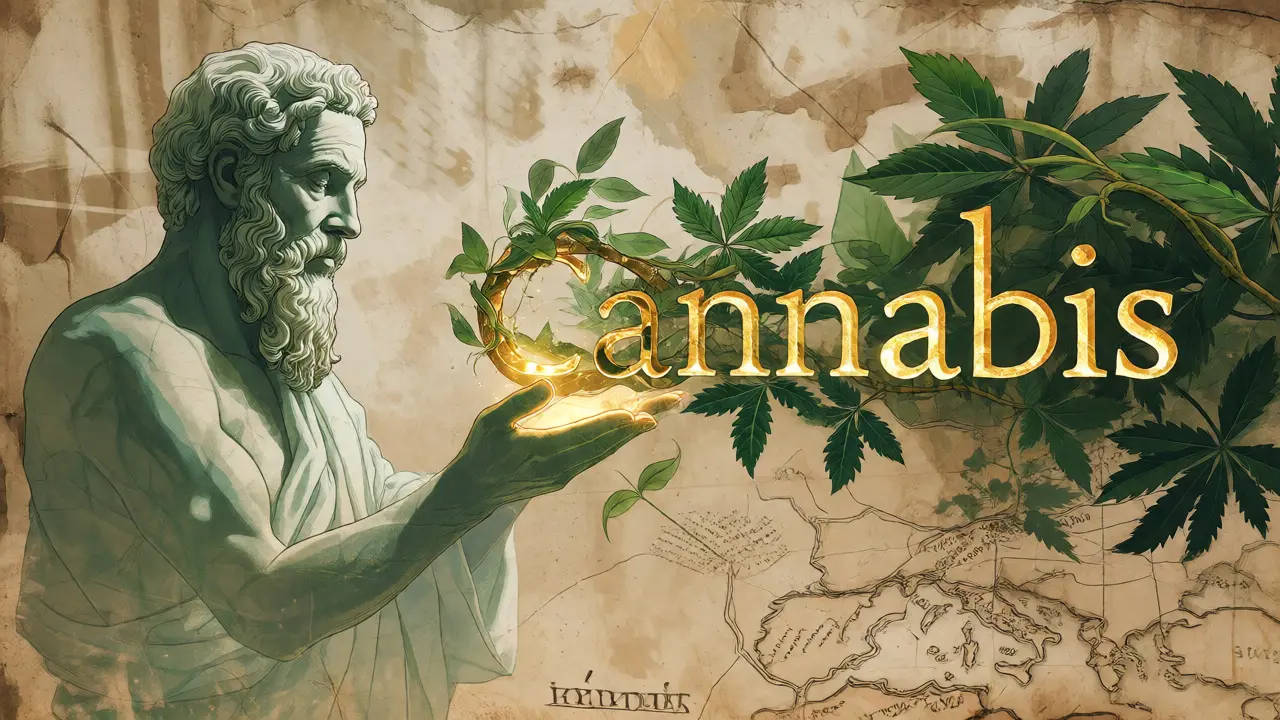 Konceptuální ilustrace přenosu řeckého názvu kánnabis do latinského cannabis