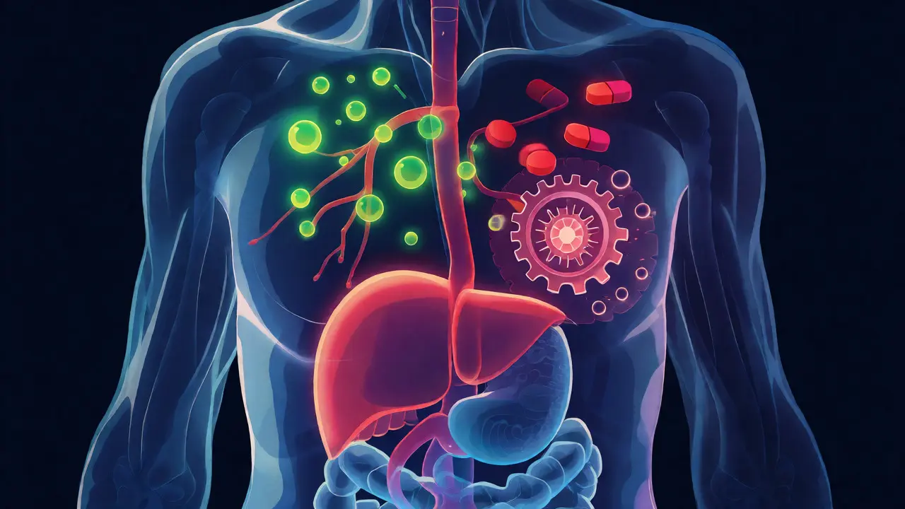 Konceptuální ilustrace zpomaleného metabolismu CBD a interakce s léky v těle.