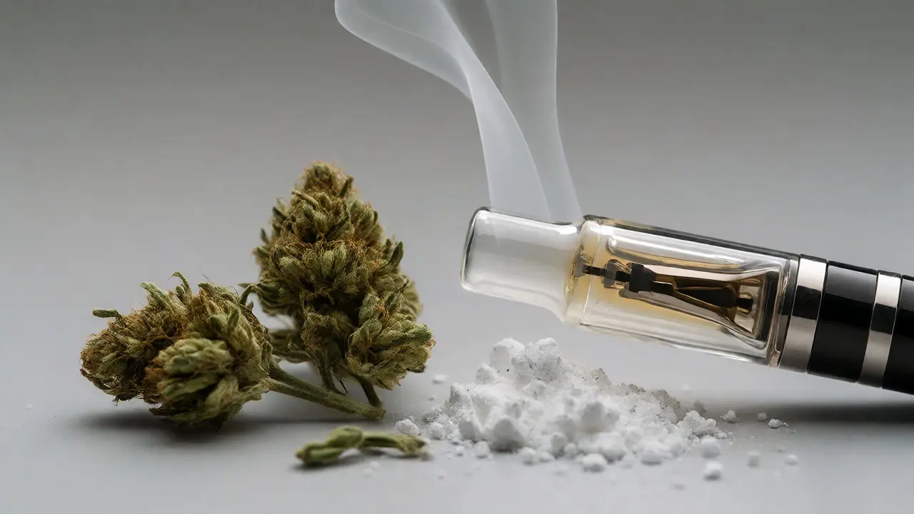 Makro fotografie vaporizéru, sušených květů a prášku CBD crumble