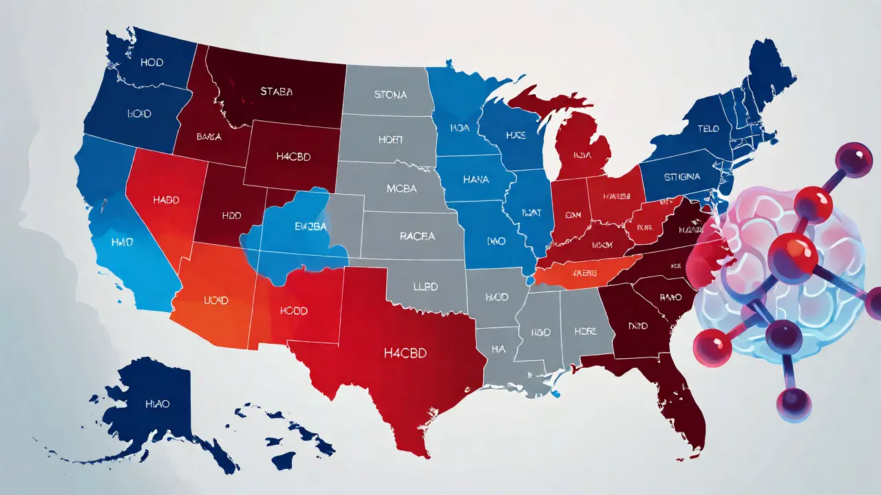 Mapa USA barevně rozlišená podle legálnosti konopných derivátů s molekulou H4CBD