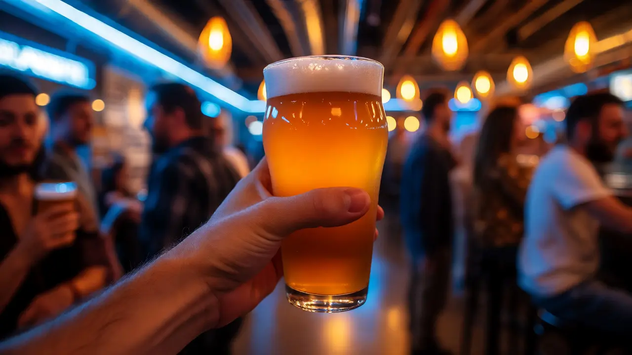 Osoba držící sklenici silného Double IPA v rušném pivním baru
