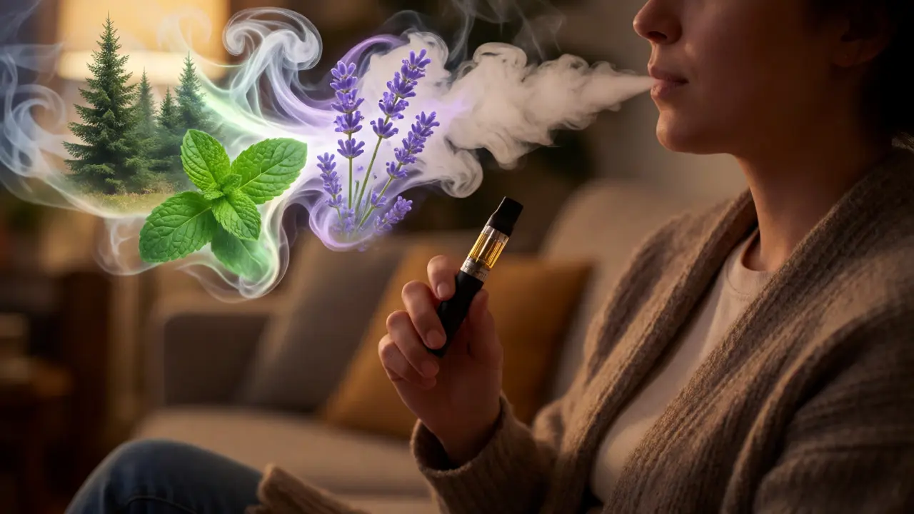 Osoba vapující HHC-P s párou zobrazující různé vůně