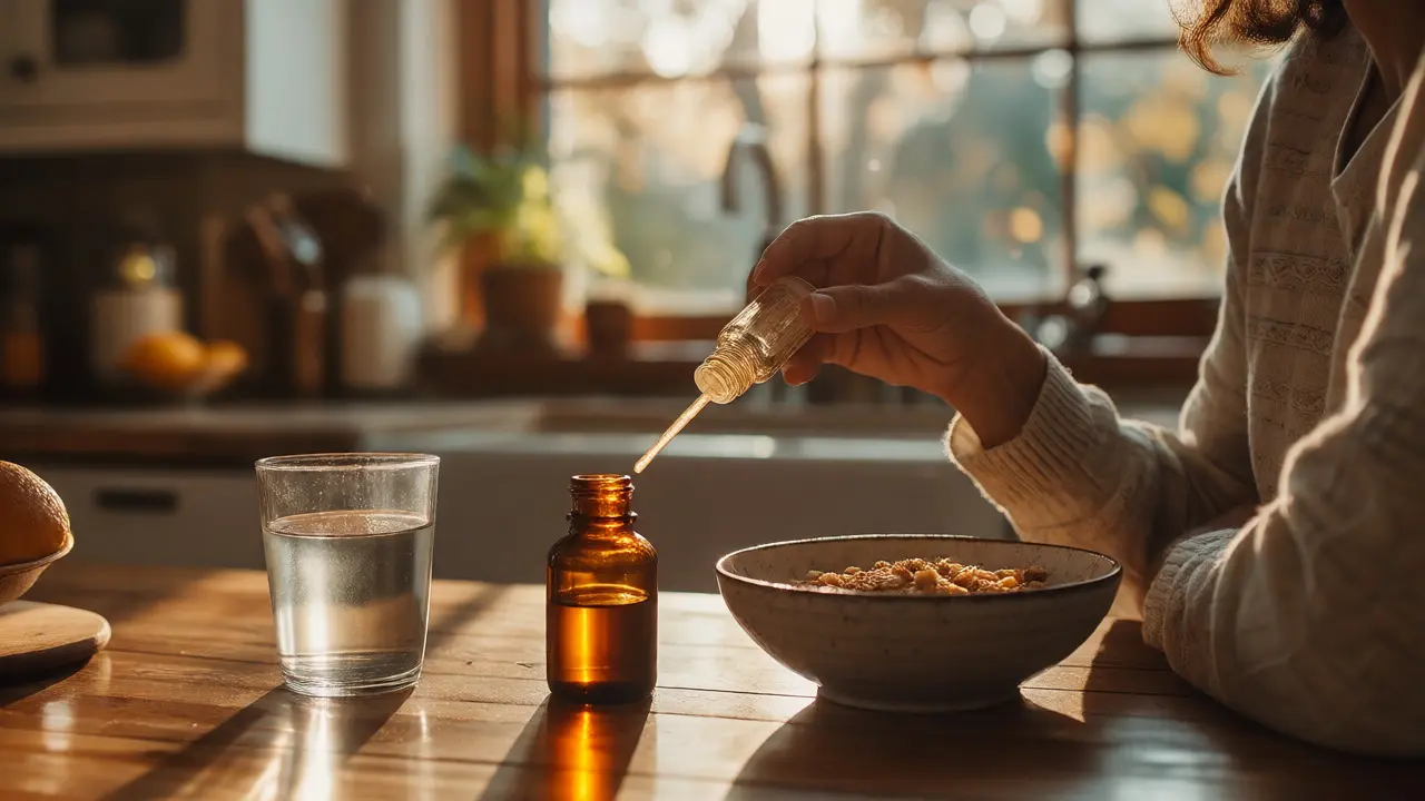 Person taking sublingual CBD oil with water and breakfast for digestion