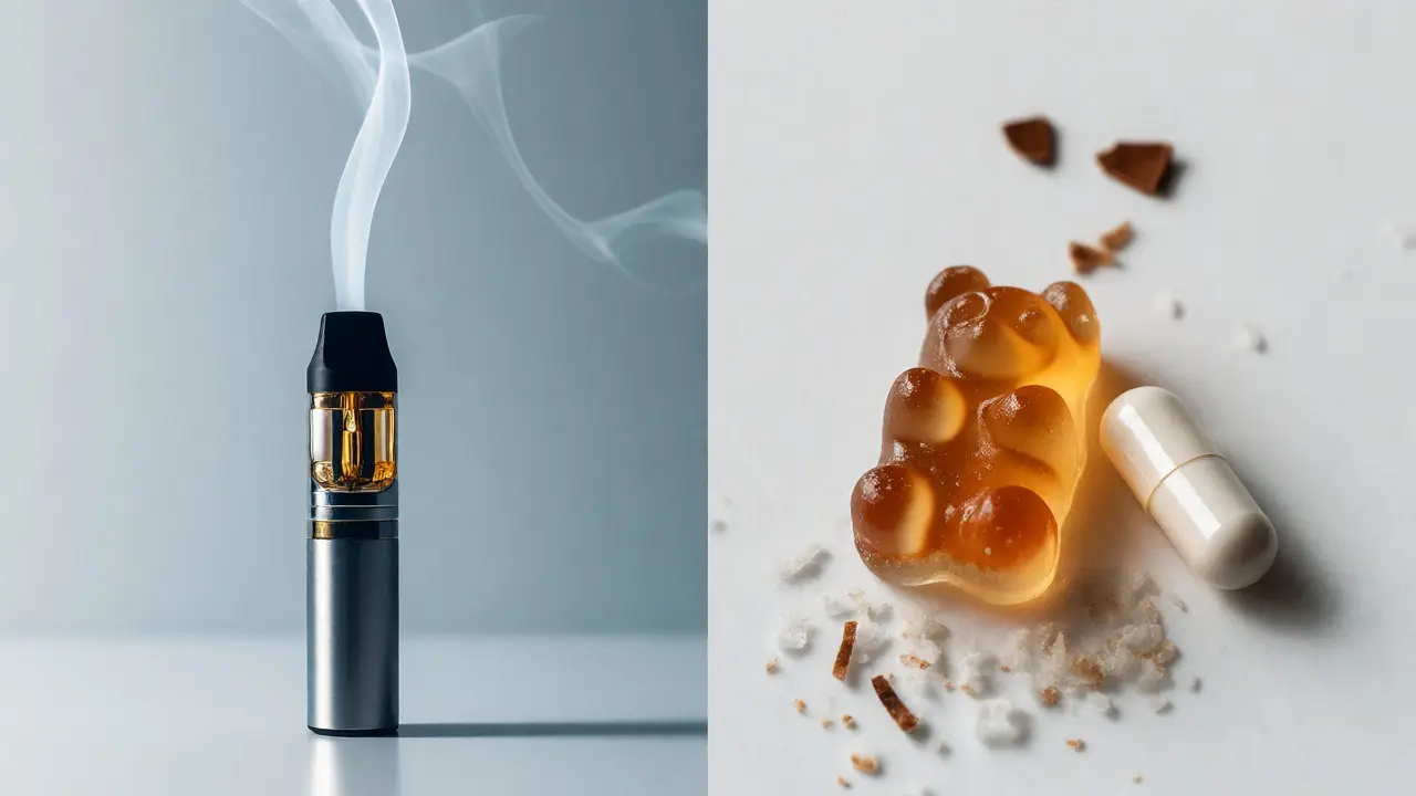 Porovnání vapingu a perorálních forem THCV na bílém pozadí