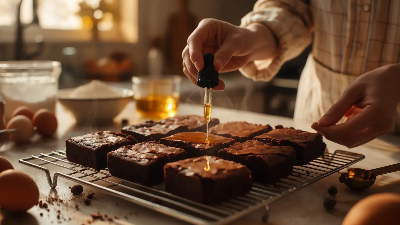 Ruce kapající CBD olej na vychladlé domácí brownies v teplé kuchyni