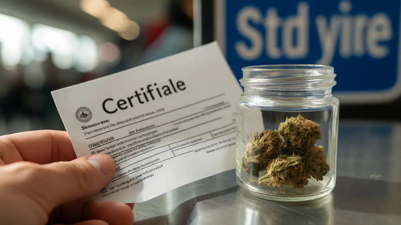 Ruka držící certifikát analýzy vedle skleničky s květy konopí na letišti