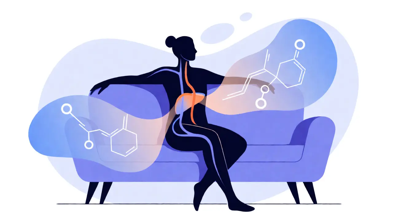 Stylizovaná ilustrace relaxující osoby a metabolického procesu