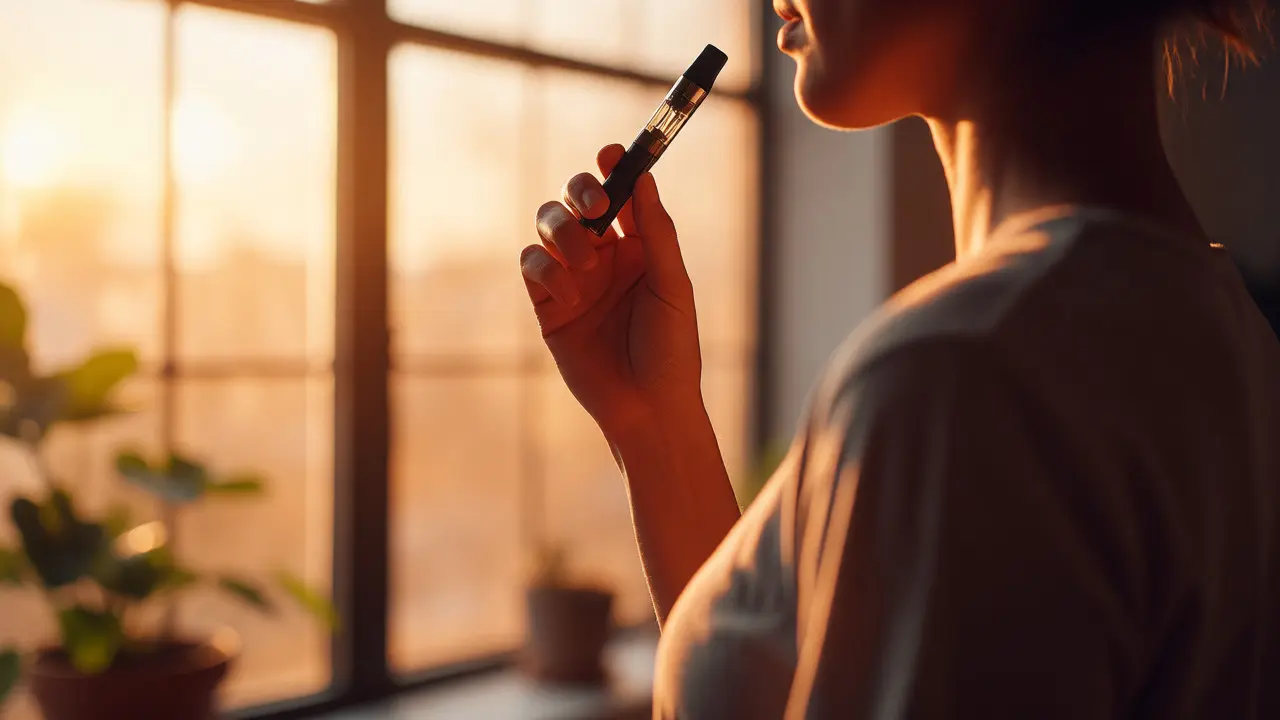 Člověk v klidu u okna drží CBD vape pero