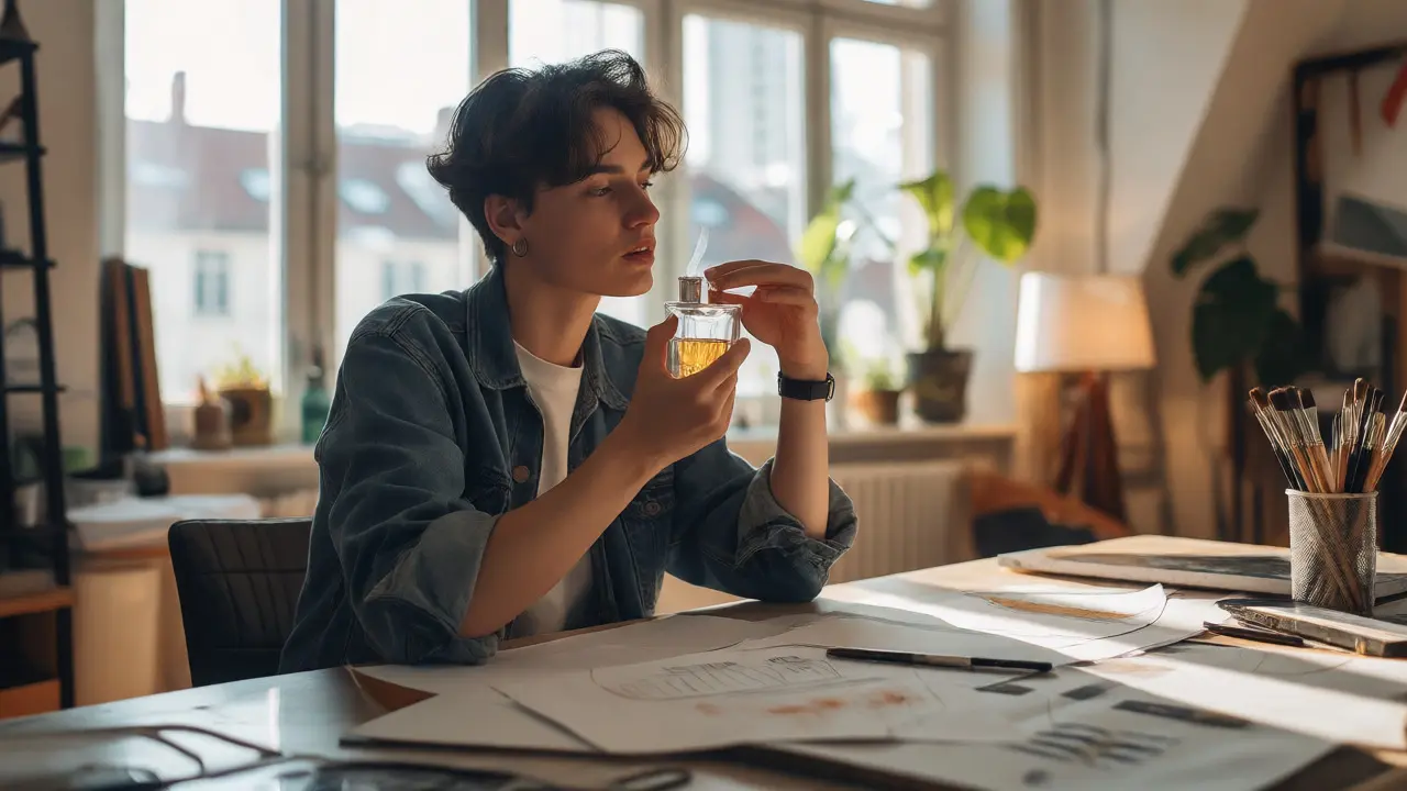 Kreativní pracovník používající vaporizér v prosluněném studiu