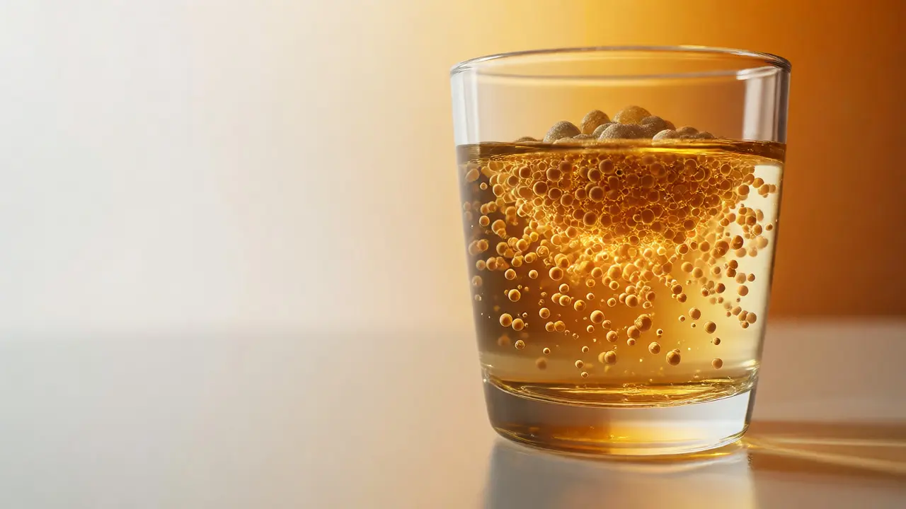 Makro snímek nano-emulze v čirém konopném nápoji