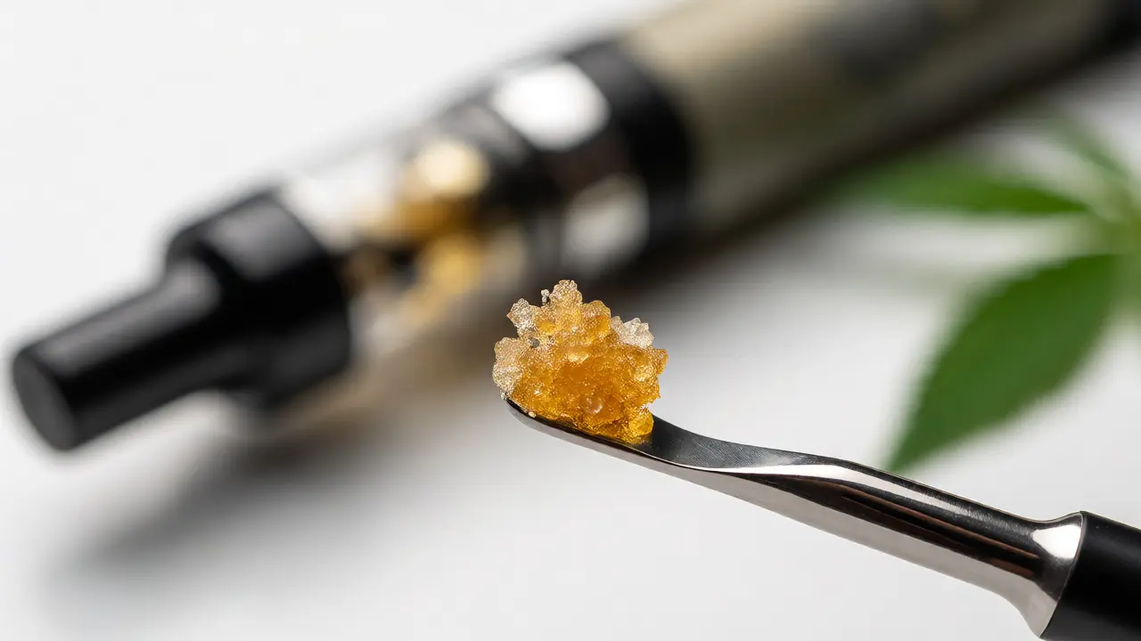 Makro záběr na krystal CBD crumble na nástroji vedle vaporizéru