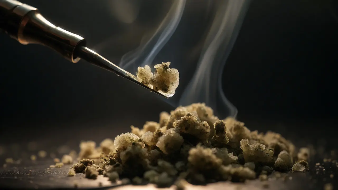 Makro záběr na nástroj zvedající malé množství CBD crumble s náznakem páry