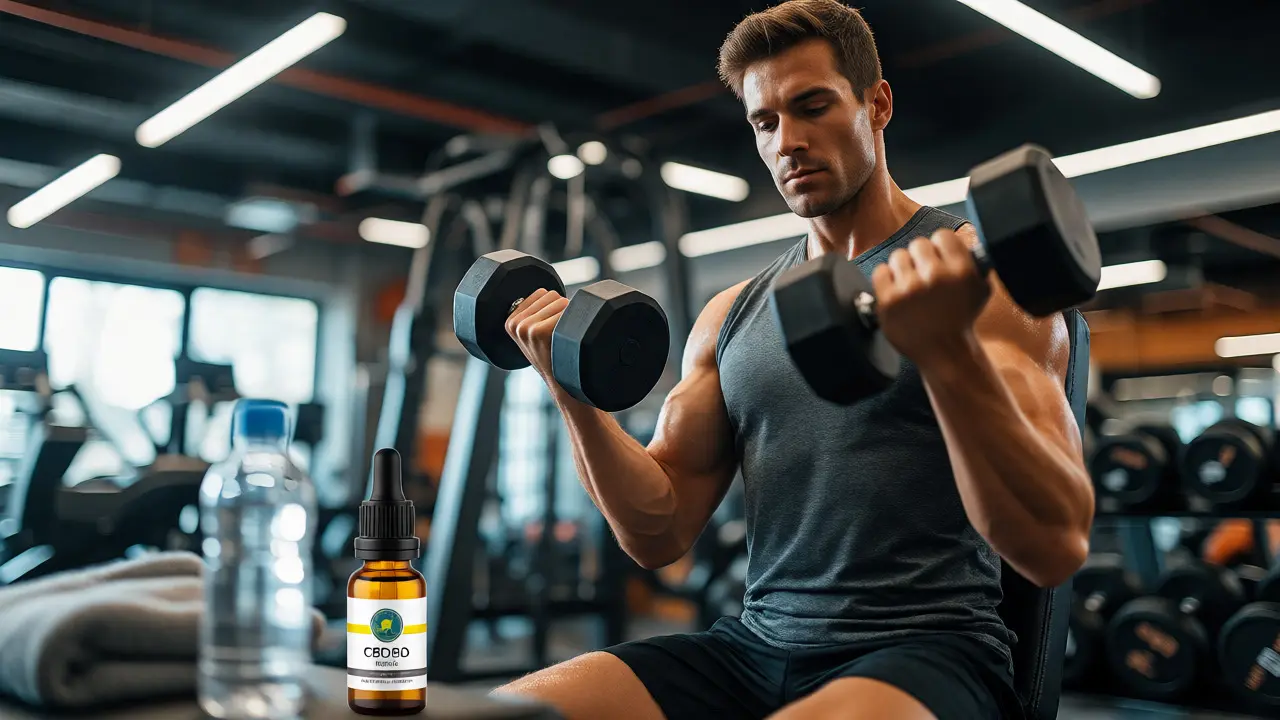 Man lifting weights in gym with CBD oil nearby
