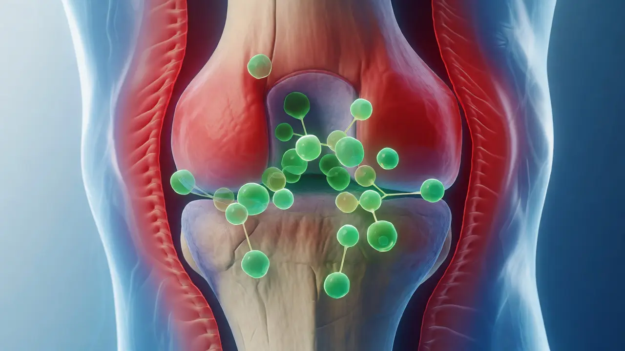 Medicínská ilustrace kolena s artritidou a interakcí molekul CBD.