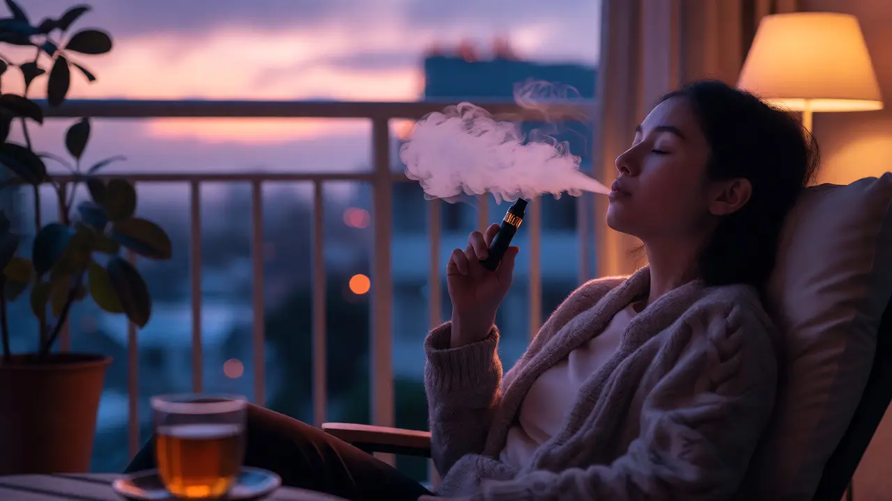 Osoba relaxující na balkoně při večerním vapování CBD pro úlevu od stresu.