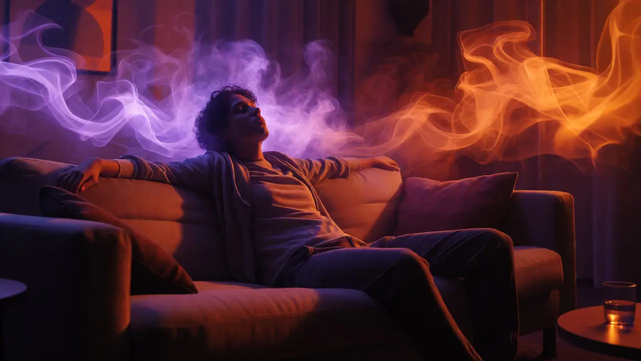 Osoba relaxující na gauči v atmosféře intenzivního účinku kanabinoidu