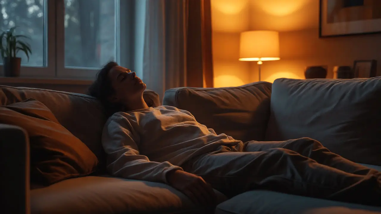 Person experiencing deep sedation and euphoria on a sofa under warm light