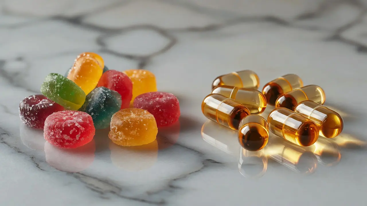 Porovnání barevných CBD gumen a průhledných olejových kapslí na mramoru