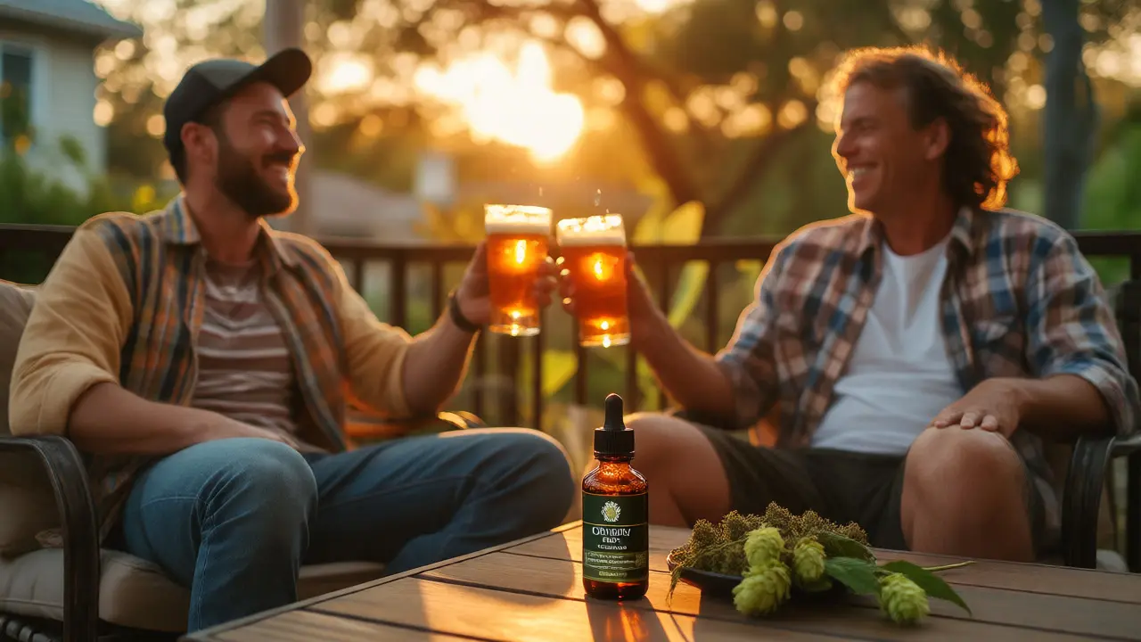Přátelé popíjející nealkoholické konopné pivo při západu slunce