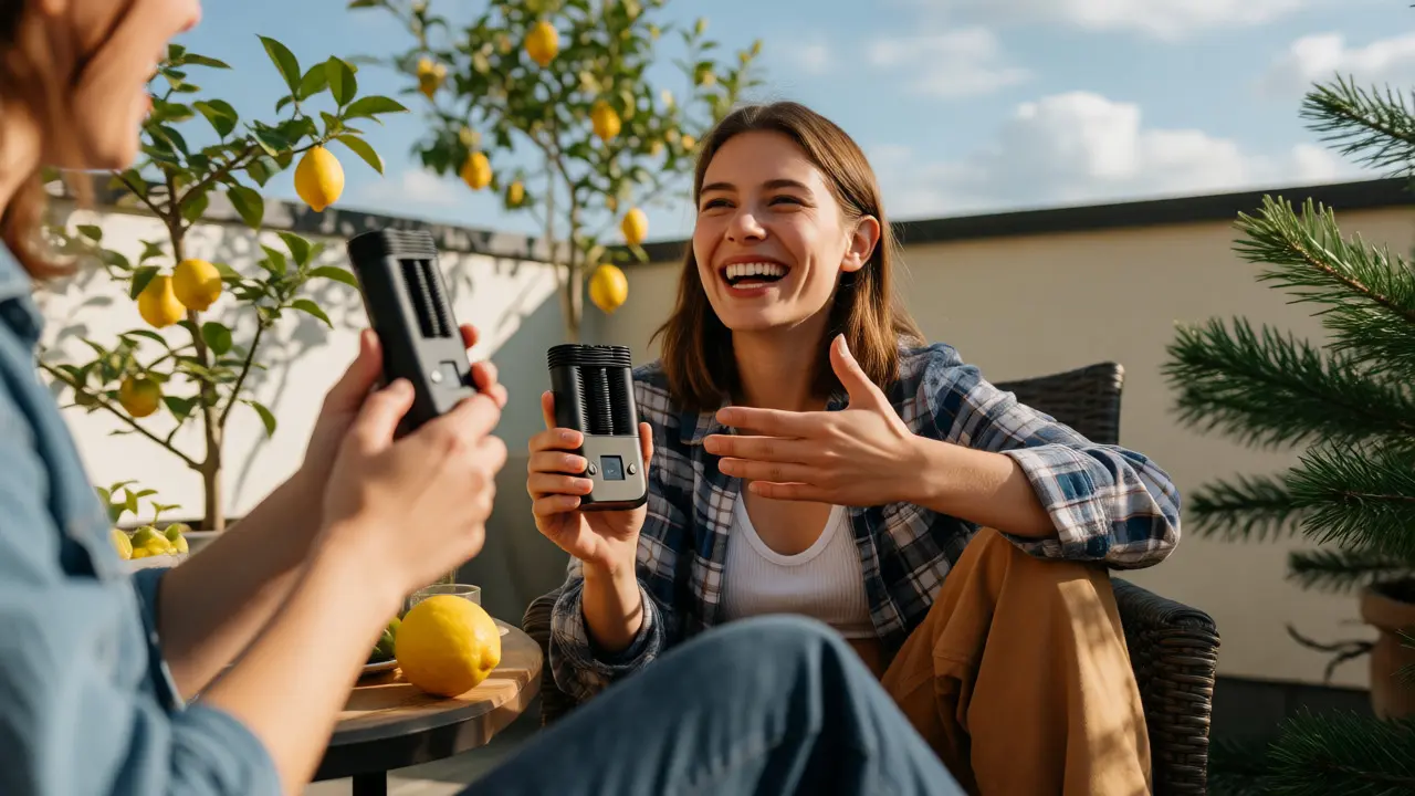 Přátelé venku s vaporizéry a citrónovníky